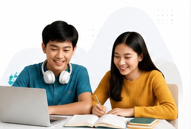 Students studying together with a laptop